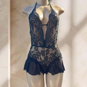Black Lace Bodysuit Lingerie – Halter Deep V Sheer Ruffle Detail Sexy ✧ L